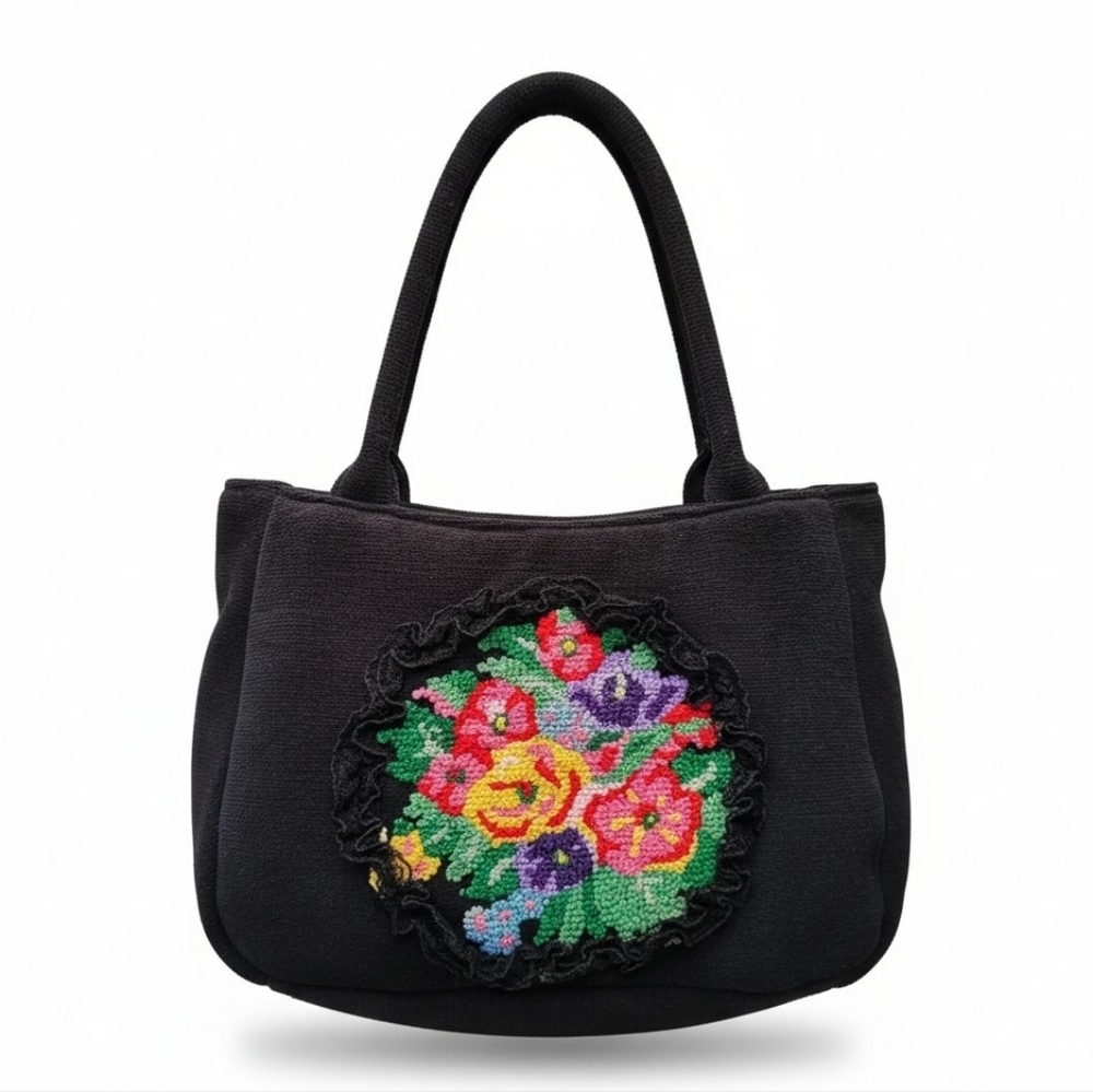 Vintage Black Tote with Multicolor Floral Needlepoint